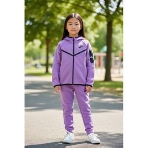 Nike Tech Fleece Kids Tracksuit Set Purple Hoodie and Joggers Full Zip (4Y)